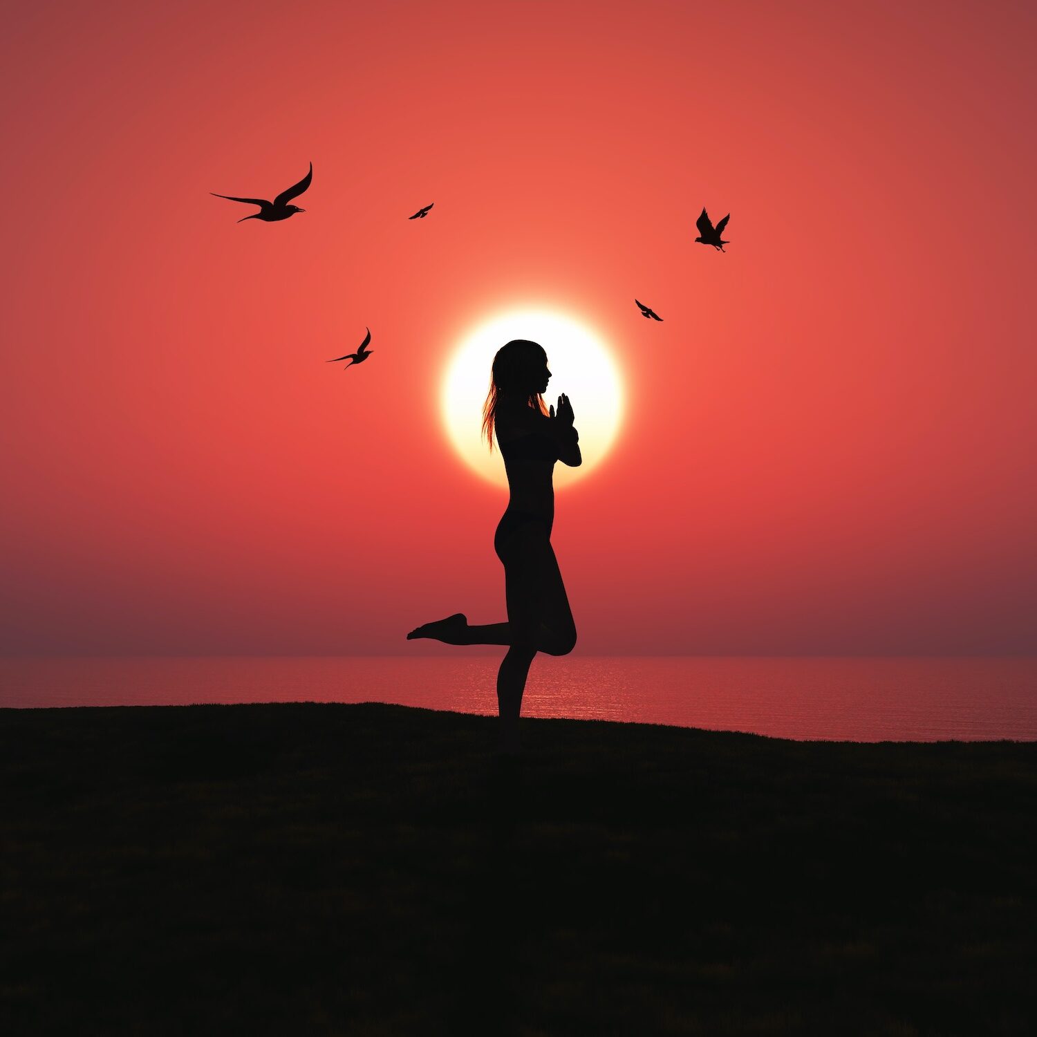3D female in yoga pose against sunset sky